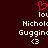 Red pixelated heart symbol above white text reading 'lol', 'Nichol', 'Guggin', and '<3' on dark brown background.