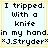 Pixelated text on a light blue background with yellow lines, displaying 'I tripped. With a knife in my hand. *J.Stryder*'
