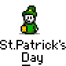 Animated St. Patrick's Day buddy icon featuring a green-clad leprechaun character with multiple variations in pose, size, and interaction across 20 frames arranged in a contact sheet layout.