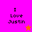 Four display "I Love Justin" text with a star icon; top-left is magenta background with orange star, bottom-left is orange background with purple star, top-right and bottom-right are pink backgrounds with no star