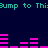 Pixelated text and audio visualizer bars on dark blue background, with cyan 'ump to Thi' repeated above pink bar patterns.