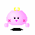 Pixelated pink character with yellow crown-like shape, black eyes, pink blush marks, and black base, showing multiple facial expressions and arm positions.