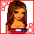 Pixel art of a female character with long brown hair wearing red, white, and blue striped top; lower body in dark pants and matching shoes.