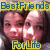 Pixelated image of two people with text "Best Friends For Life" in blue and yellow block letters at top and bottom.