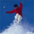 Pixelated static image of a person skiing with arms outstretched against blue background and white snow spray.