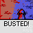 Pixelated cartoon character with changing helmet colors and background shifts, each frame displaying 'BUSTED!' text below.