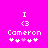 Pixelated icon with bright pink background, white text "I" and "<3", name "Cameron", four heart symbols below.
