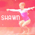 A pixelated image of a person in a pink and white leotard performing a gymnastic pose with arms extended, set against a red background with the text 'SHAWN' visible.