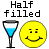 A pixelated contact sheet showing two animated frames of a yellow smiley face icon paired with a blue liquid-filled martini glass, where the left frame reads "Half filled" and shows a smiling face while the right frame reads "Half empty" and shows a frowning face.
