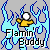 Six pixelated Flamin' Buddy icons with distinct colored flame backgrounds and clothing, each featuring a white circular head and outstretched arms.