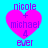 Four identical pixelated heart-shaped icons with pink fill and blue text on a cyan background, each displaying 'nicole + michael 4 ever' in purple lettering.