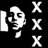 A 48x48 pixel buddy icon split into two vertical sections: a black background with white X's and a stylized face on the left, and a green background with glowing green text "Original Icons .com" on the right.