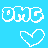 Pixelated white 'OMG' text and heart shapes on a solid cyan background, with animated variations in the heart's orientation across frames.