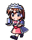 Pixel art character with brown hair and silver crown holding tray of glasses, shown in multiple poses including standing, walking, falling, and lying down.