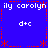 Blue background with red dashed border, white text 'ily carolyn' and 'd+c' repeated, red asterisks at corners, red crosshair lines at center.