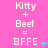 A pink background displays repeated text equations with 'Kitty + Beef = BFFE' and cyan symbols changing across three