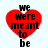 Red heart-shaped icon with black text "we were meant to be" arranged vertically, displayed in four variations showing different pixelation levels.