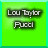 Animated contact sheet of three frames showing a green text box with 'Lou Taylor Fucci' and two different headshots against brick or textured backgrounds.