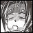 Pixelated grayscale anime-style character with closed eyes and a neutral expression, positioned left of text on black background.