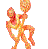 Pixelated figure in dynamic pose holding a large glowing object, rendered with warm orange and red tones against gray background.