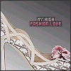 A high-heeled shoe with a bow and sequined pattern, featuring text reading 'MY HIGH FASHION LOVE' on a striped background.
