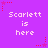 Purple background with repeated white text 'Scarlett is here' and red star-shaped pixel decorations.
