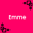A bright pink background features four white 'Emme' text blocks and eight black pixelated square icons arranged in a pattern