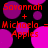 Red text on black background with pink and purple circles, displaying 'Savannah + Michaela = Apples' in two identical