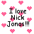 Pixelated icon with pink heart background and black text reading "I love Nick Jonas!!!" in four identical arrangements.