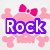 Pixelated icon with pink skull and crossbones, 'Rock' text, peace signs, and 'Girls' text on a white background with colored dots.