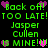 Pixelated green text on black background with pink and purple heart symbols, repeating phrases 'Back off!', 'TOO LATE!', 'Jasper Cullen', and 'MINE!' in a