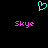 A static pixel art image with a cyan heart symbol above two pink 'Skye' text instances on a black background.