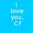 Four square display the text "I love you. CF" in white pixelated font on solid blue, purple, pink, and light purple backgrounds