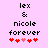 Pixelated text 'lex & nicole forever' above red and pink hearts on a light purple background.