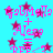 A static image with a bright cyan background featuring repeated pink text and magenta stars.