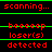Red text on black background with green horizontal lines, displaying scanning messages and 'beeeep' alerts in a repeating pattern.