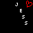 Red pixelated heart symbol above white block letters J, E, S, S arranged vertically on black background.