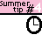 Animated icon with pink 'Summer tip' banners, clock symbols, and evolving text about a pool being open 24/7.