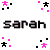 Pixelated icon with pink and black elements including stars, squares, and the name 'Sarah' in two styles.