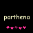 Pixelated text 'partheno' in light beige on black background with two of pink and purple heart symbols below