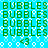 Green pixelated text "BUBBLES" repeats across a light blue background with white bubble patterns and green heart symbols.
