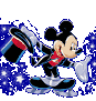 Mickey Mouse in a red shirt and black pants holds a top hat with blue, white, and red stripes while standing on ice skates against a starry blue background.