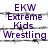 Purple text reading EKW Extreme Kids Wrestling on white background with horizontal gray bar elements.