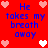 Red background with blue text reading "He takes my breath away" repeated four times, surrounded by pink and white pixelated hearts.