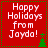 Red square icon with white text 'Happy Holidays from Jayda!' and green tree, bordered by dashed green lines. Four identical arranged in a