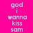 Pixelated text 'god i wanna kiss sam' displayed in four quadrants with alternating background colors.