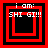 Four red and black square frames with "i am: SHI GI!!!" text, each frame containing nested squares of alternating colors.