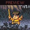Pixel art character in yellow robe holding sword, standing on rocky terrain with cave background and 'PREVIEW' text above.