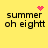 Yellow background with black text 'summer oh eight' and pink pixelated symbols changing across four positions.