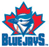 Pixelated blue maple leaf with red accents and white center, below which is bold blue text reading "BLUEJAYS" on a plain background.